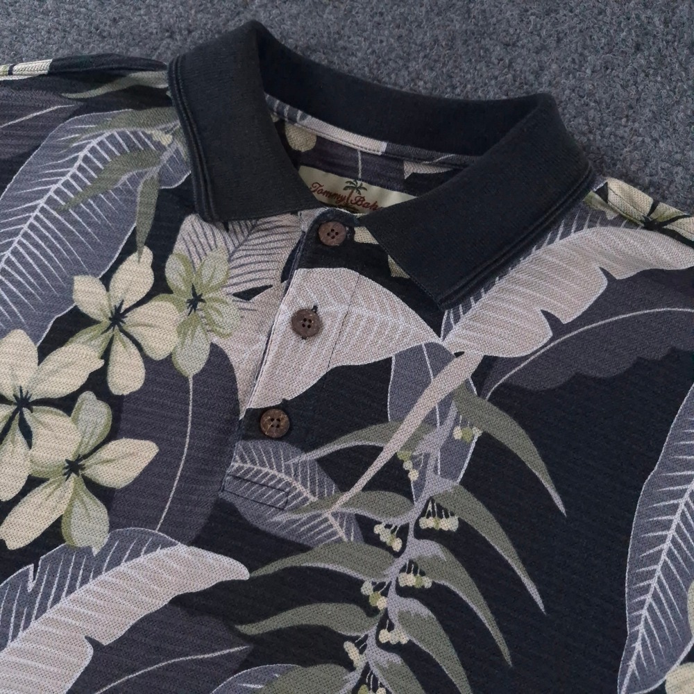 Tommy Bahama Mens Large Silk Blend Tropical Floral Palm Leaf Polo Shirt Grey